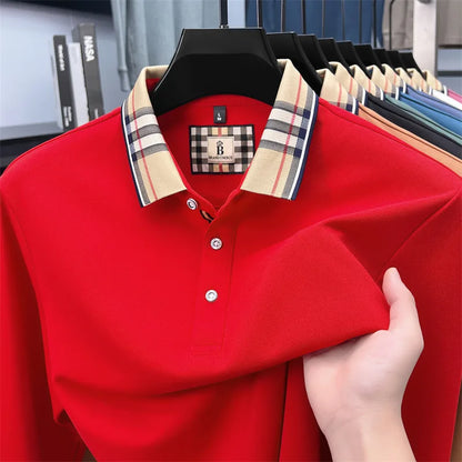 Fashion silk cotton long sleeve polo shirt men's autumn luxury brand simple comfortable new business and leisure lapel T-shirt
