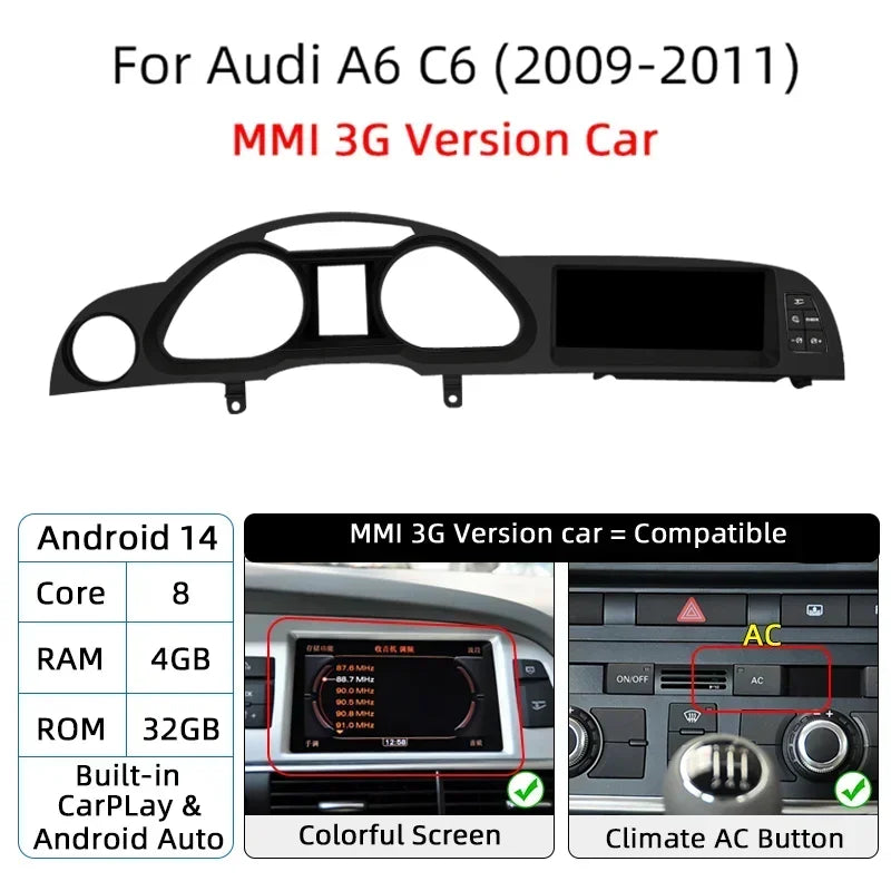 Android 14 Auto Radio CarPlay For Audi A6 C6 4f  For Audi Q7 4L 2005-2015 MMI 2G 3G GPS Car Multimedia Player Navi Stereo DSP