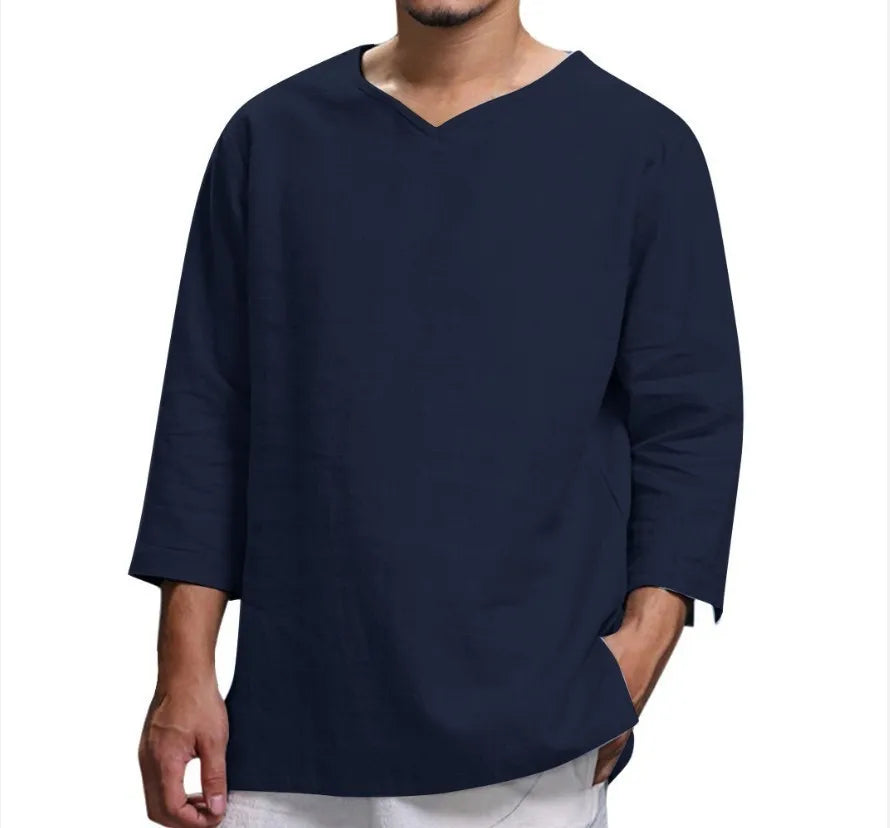 Men's Long Sleeve Loose Shirts Summer Solid Color Casual Shirt High Quality Plus Size V-Neck Shirt Male Clothing 2026