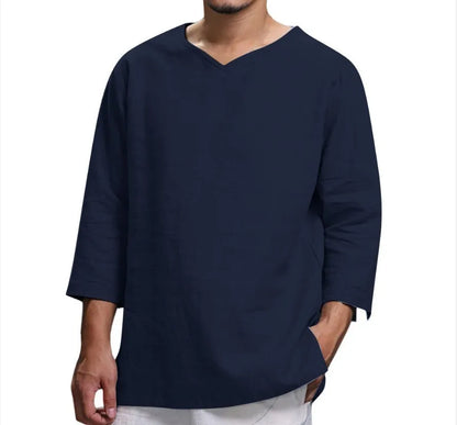 Men's Long Sleeve Loose Shirts Summer Solid Color Casual Shirt High Quality Plus Size V-Neck Shirt Male Clothing 2026
