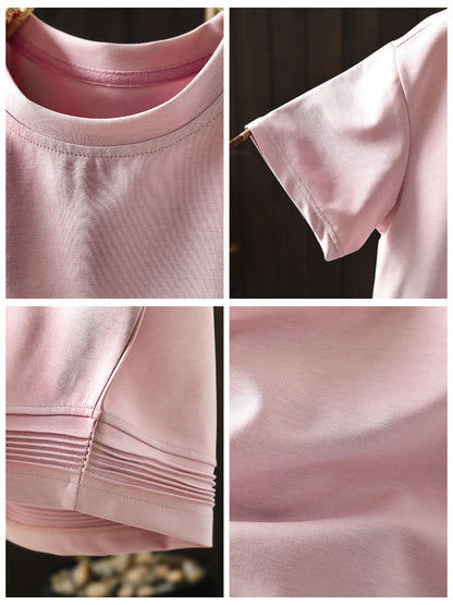 Pink Short-sleeve Women Top 2026 Stylish Summer New Design Pleated Hem Loose T-shirt ZF2158