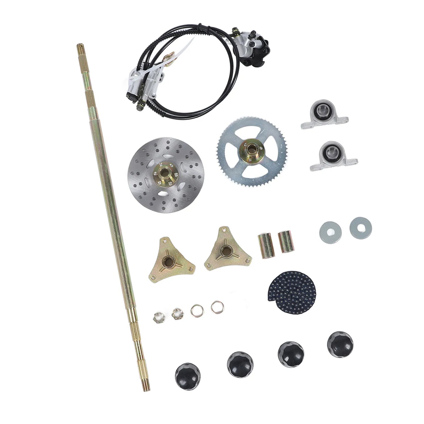Go Kart Rear Axle Assembly 29in Axle Length Sturdy Chain Sprockets Disc Brake Calipers Kit for 50cc 70cc 90cc ATV Quads