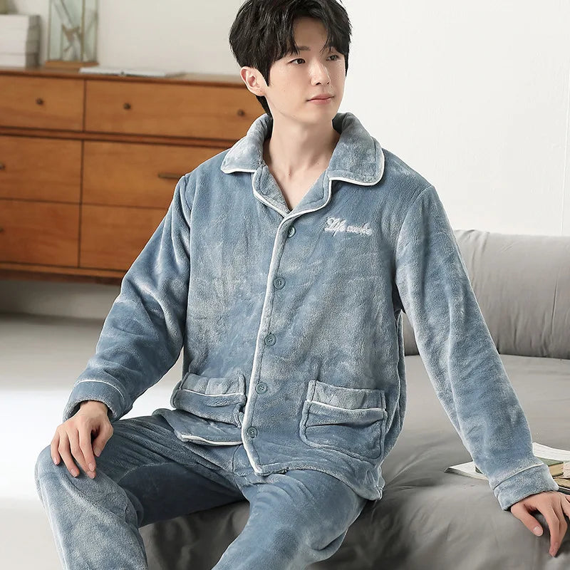 Men's Winter Thickened Fleece Pajamas Coral Velvet Home Clothes Set New Style Long Sleeve Stand Collar Couple's Outfit