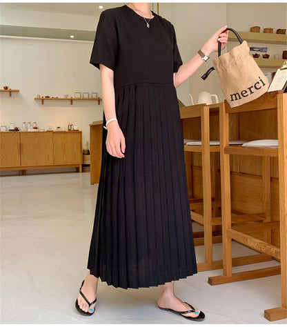 Elegant Short Sleeve Midi Dress for plus Size Women Summer Loose Slimming T-Shirt Long Skirt High Waist Pleated Dress