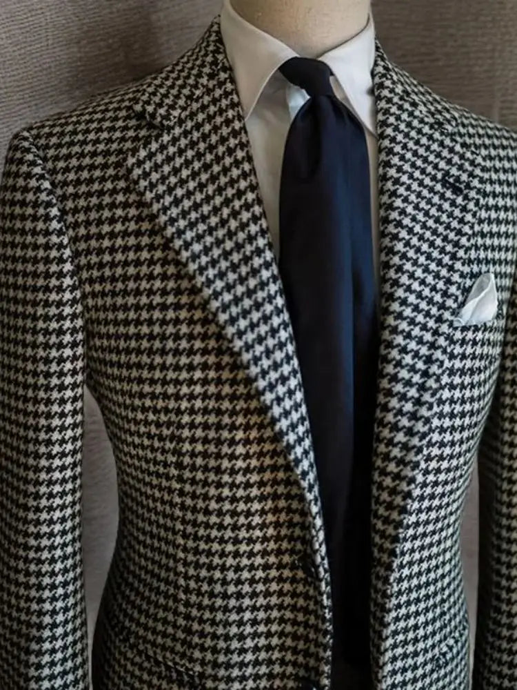 Men's Houndstooth Business Blazer Xadrez Embossed Lapel Terno Jacket Formal Men's Fashion Coat