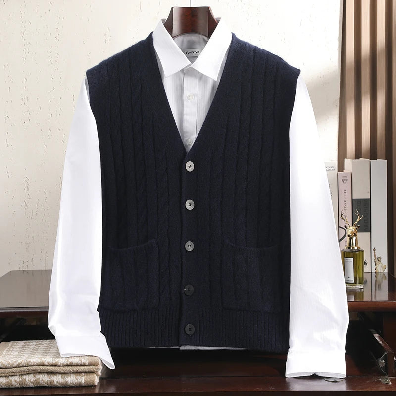 A-Class 100% Pure Cashmere Vest Men's V-Neck Knitted Cardigan Autumn Winter New Twist Flower Business Shoulder Men's Clothing