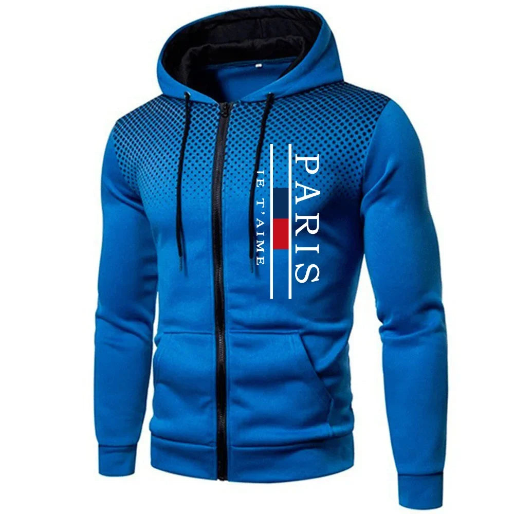 Paris Printing Mens Jackets Casual Zipper Hooded Coat Outdoors Sports Jogging Mens Clothing Autumn Winter Round Dot Sweatshirts