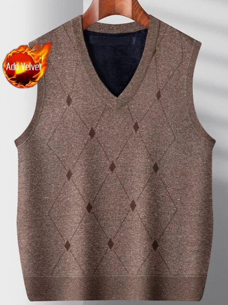 Middle Aged Men's Argyle Knitted Fleece Lined Vest Autumn Winter Thickened Korean Style Casual Waistcoat High Quality