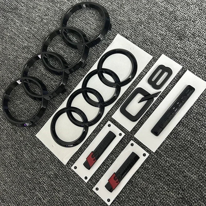 AUDI Q8 4-Ring logo ABS Black Car Hood Front Grill Emblem Rear Trunk Badge Q8 Sticker Quarrto Sline Emblem For Q8 2018-2024
