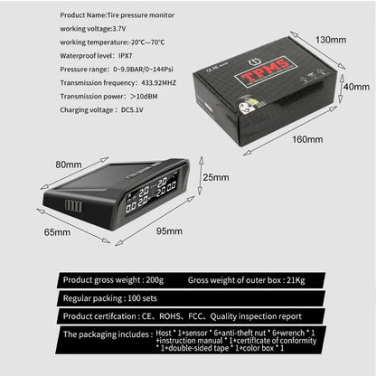 Truck 6 Wheel Tire Pressure Solar TPMS Sensor Security Monitoring Temperature Alarm System USB Charing with Waterproof