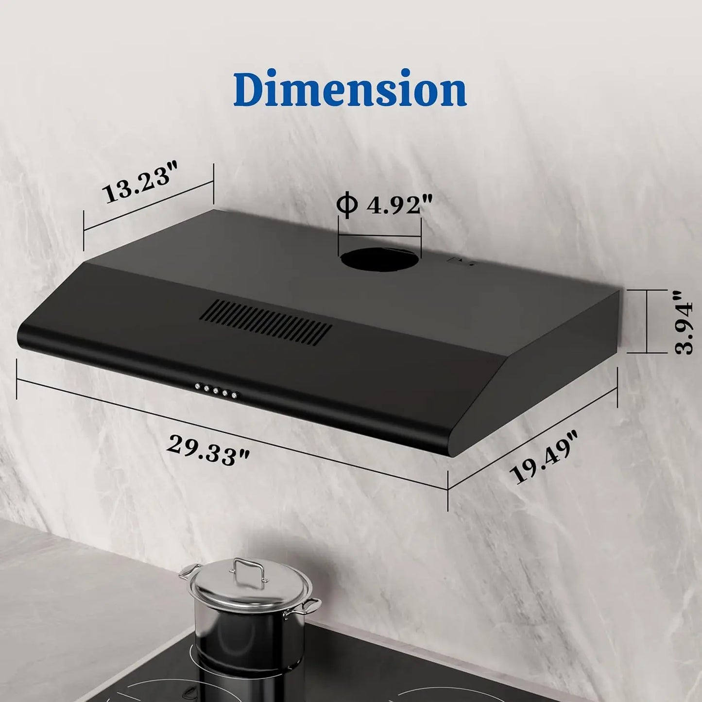 Black Under Cabinet Range Hood 30 Inch, Ducted/Ductless Convertible Vent Hood with 250 CFM, 3-Speed Fan, Energy-Efficient LED