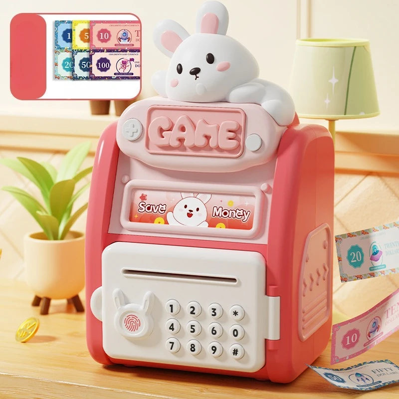 Cute Multifun Ctional Fingerprint Password Lock Intelligent Fully Automatic Coin Rolling Mechanism Suitable Piggy Bank for Kids