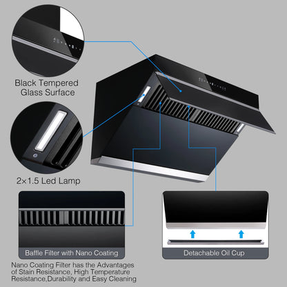 900CFM 30"Under Cabinet/Wall Mount Range Hood w/Heated Auto-Clean Gesture&Touch Control Tempered Glass 3-Speed & Baffle Filter