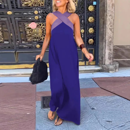 Women's Long Cross Dress Skirt European Style Mid-Waist A-Line Dress Polyester Fabric No-Sleeve Business Wear Single Piece