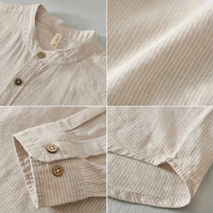 Mens Long Sleeve Business Casual Slim Fit Shirt Spring Autumn Stripe Cotton Linen Blend shirts Daily Commute Breathable tops