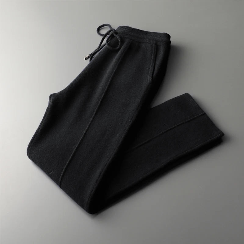 Men Wool Pants Autumn Winter 100%Merino Wool Thick Warm Smart Casual Trousers Knitwear Elasticity Waist Basic Sport Pants ﻿