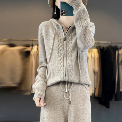 Women's Pure Cashmere Hooded Cardigan 2-Piece Set with Twisted Flower Design Loose Sweater And Wide-Leg Pants Wool Blend