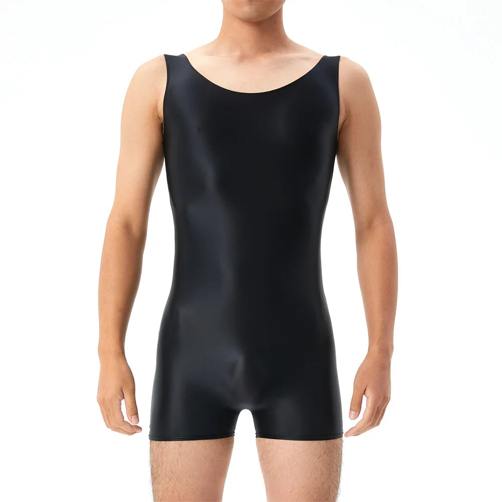 Oil Shiny Glossy Bodysuits Seamless Front Pouch Tights Body Man Sexy Transparent Waist Shapers Men Playsuit Sleeveless Bodysuit