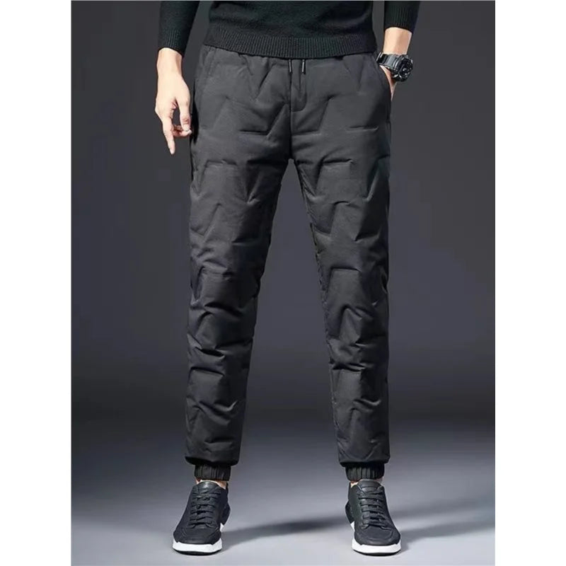 Men's Outdoor Windproof Warm down Trousers Thick Winter Business Casual Pants Long Outerwear Stylish plus Size White