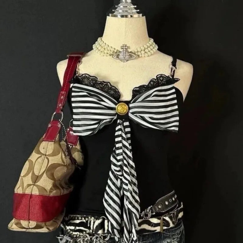 Goth Punk Y2K Clothes 2000s Stripes Lace-up Large Bows Slim Tank Tops Design Tops Streetwear Sexy Camis T-shirts Cute Halter Top