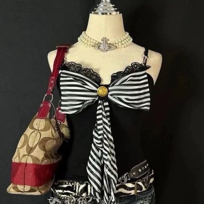 Goth Punk Y2K Clothes 2000s Stripes Lace-up Large Bows Slim Tank Tops Design Tops Streetwear Sexy Camis T-shirts Cute Halter Top