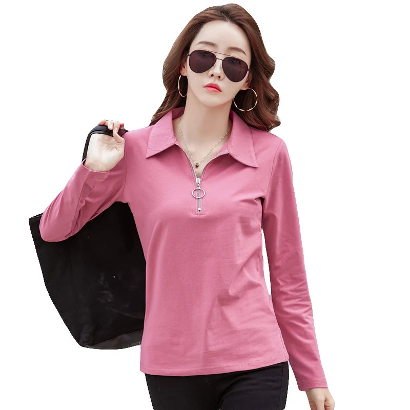 Korean Style cotton polo shirts women fashion long sleeve candy color zipper turn down neck polo t shirt for women 2025