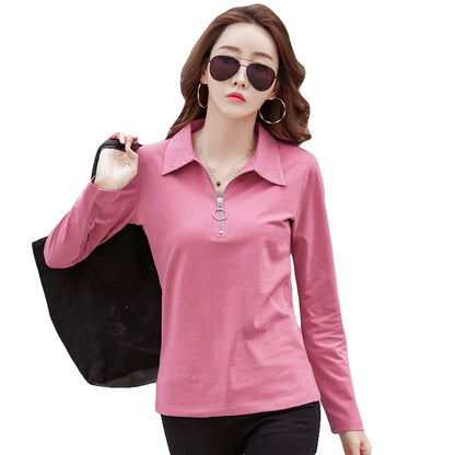 Korean Style cotton polo shirts women fashion long sleeve candy color zipper turn down neck polo t shirt for women 2025
