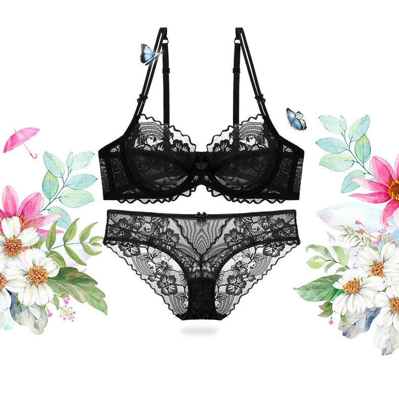 Delicate French Lace Bra Set, Sheer Minimiser Underwire for Lift, Elegant & Breathable Lingerie Large Bust MOYISU Sexy Panty Set