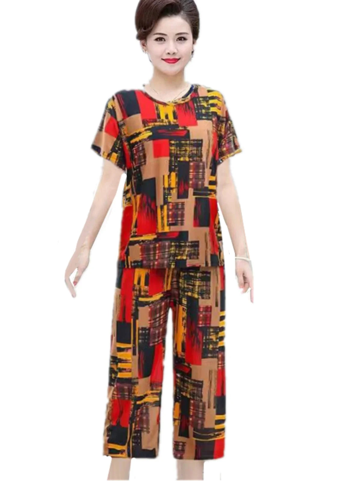 Large Size Ice Silk Summer Outfit Casual Short Sleeve Seven-Foot Pants Set Thin Women's Clothing Two-Piece Set Retro Pattern ...