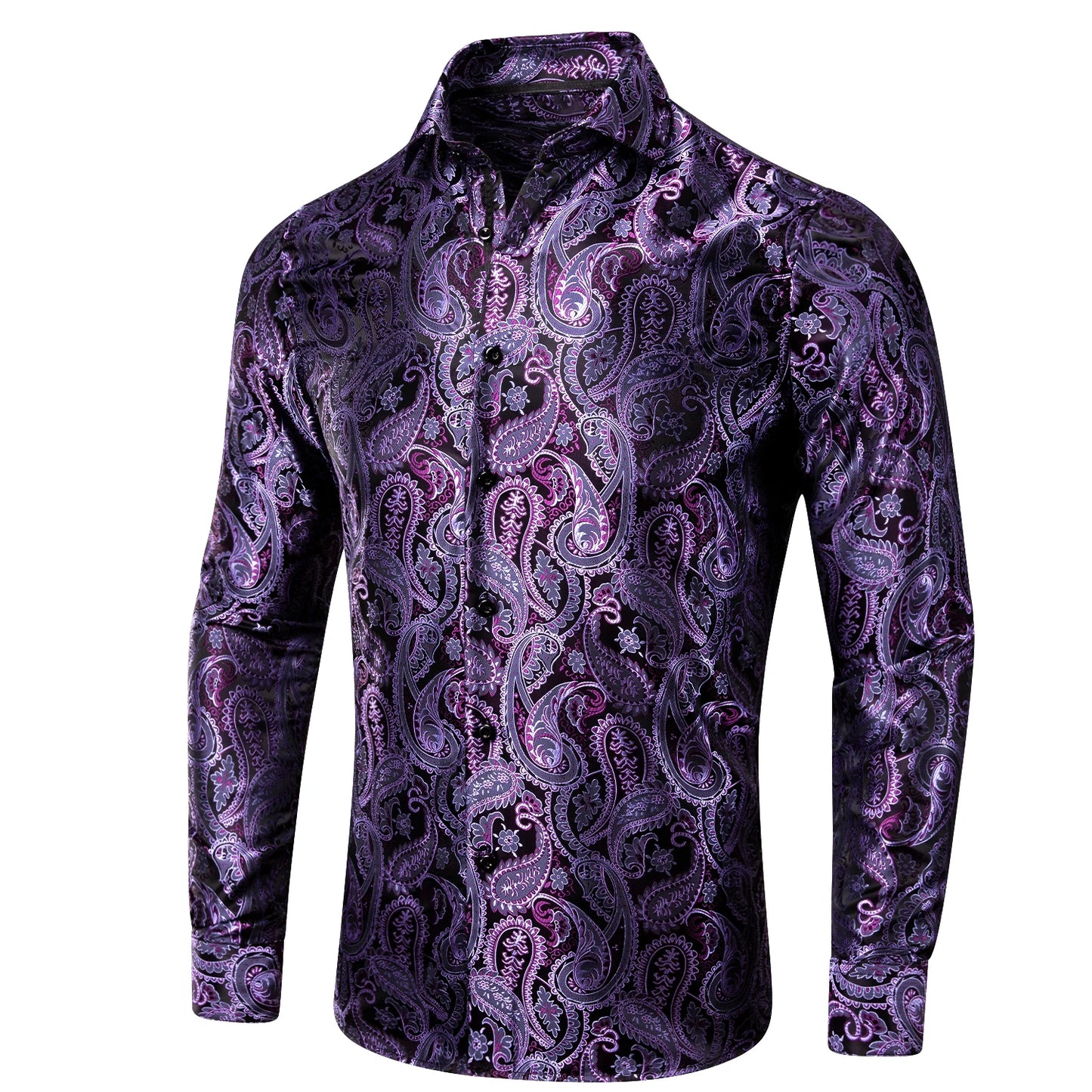 Hi-Tie Mens Shirts Jacquard Paisley Floral Long Sleeve Lapel Shirt Blouse Outerwear Wedding Office Breathable High Quality