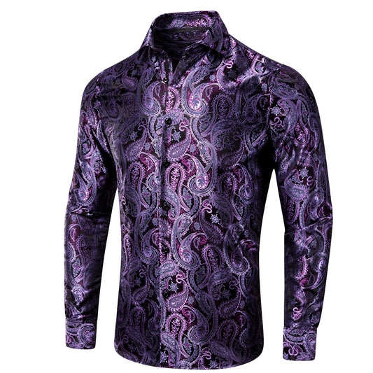 Hi-Tie Mens Shirts Jacquard Paisley Floral Long Sleeve Lapel Shirt Blouse Outerwear Wedding Office Breathable High Quality