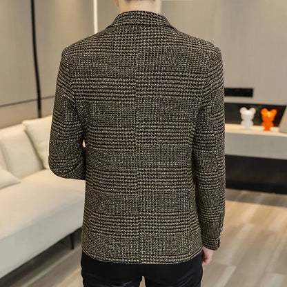 High-quality Men's Fashionable Small Suit Korean-style Slim-fit Top, Cool and Casual Plaid Single Suit, Trendy Formal Jacket