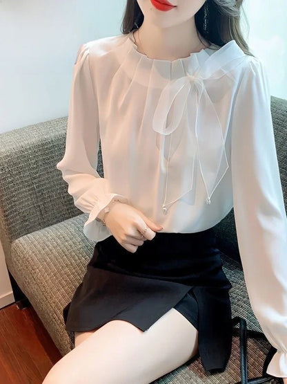 Retro Bow Tie Long Sleeve Shirt Women's Autumn New Design Elegant Top Korean Style Loose Fit round Neck  Color
