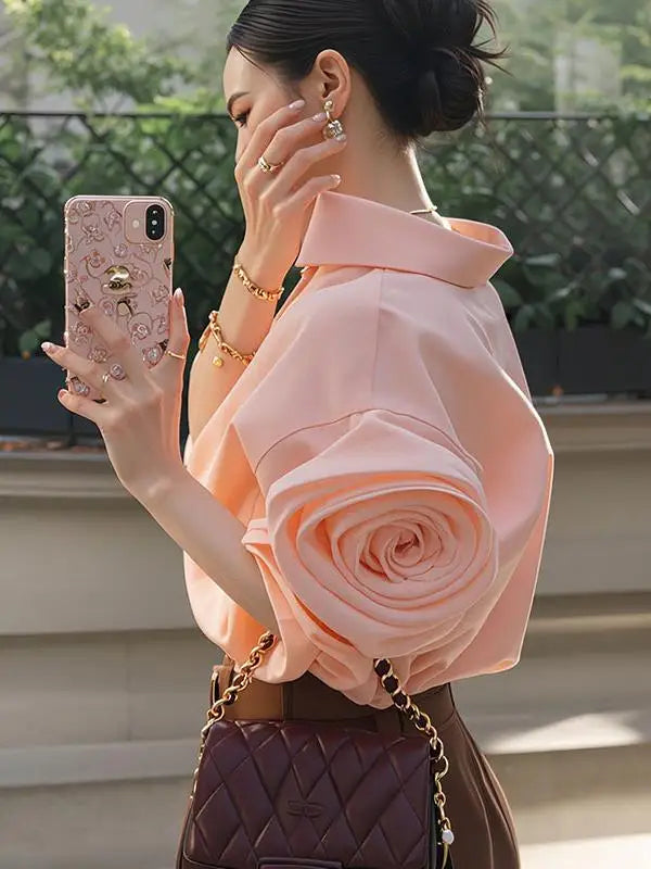 Elegant Pink Rose Flower Women's Shirt Unique Personality High-End Feeling Luxury Simple Style French Style Spring Autumn Top