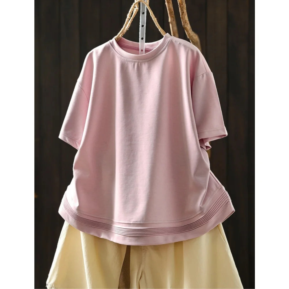 Pink Short-sleeve Women Top 2026 Stylish Summer New Design Pleated Hem Loose T-shirt ZF2158