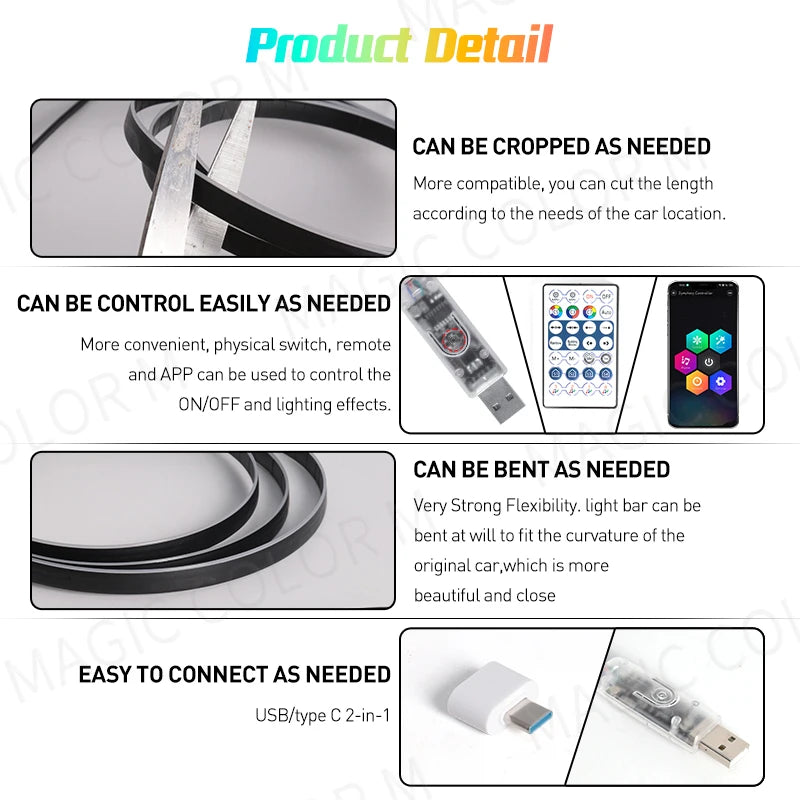Vgetting Universal Car Ambient Lights LED Interior RGB Symphony Atmosphere Lamp USB APP Control Remote for Tesla Model 3 Y S X