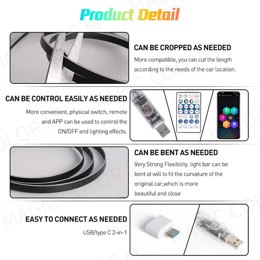 Vgetting Universal Car Ambient Lights LED Interior RGB Symphony Atmosphere Lamp USB APP Control Remote for Tesla Model 3 Y S X