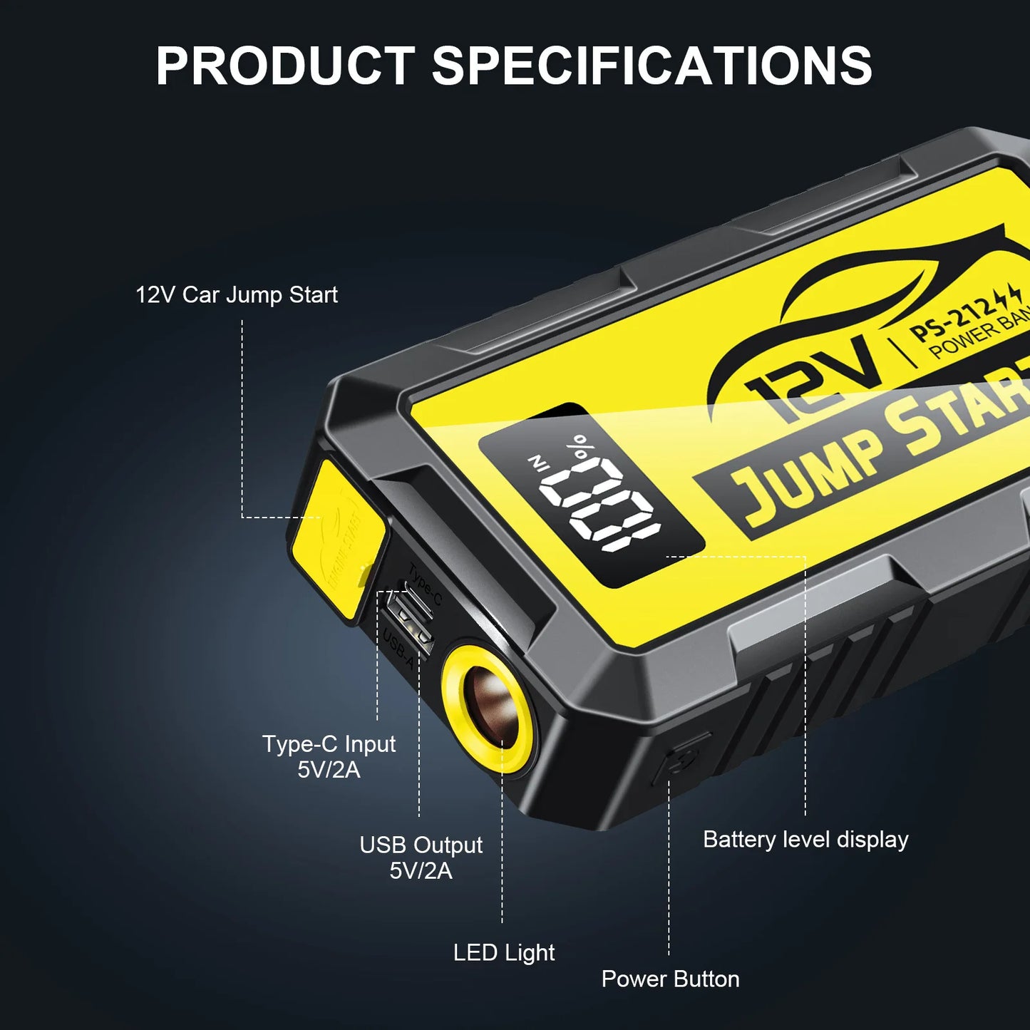 PSOOO 12V 8000A 27000mAh High-capacity portable Car Jump Starter,Multifunctional car booster with lighting charging capabilities