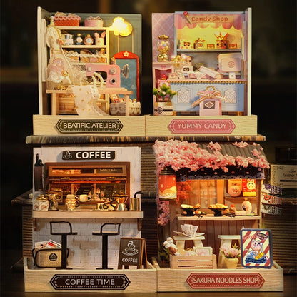 Coffee Shop Mini Doll House DIY Small House Kit 3D Puzzle Assembly Building Model Toys Home Bedroom Decoration With Furniture