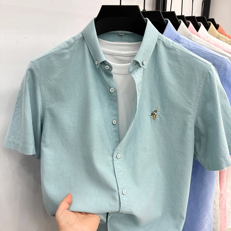 100% Pure Cotton Men's Short Sleeved 2026 New Brand Embroidered Trendy Shirt for Men's Casual Summer Wear