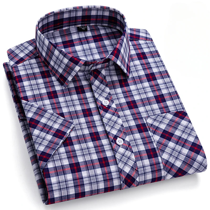 New in Shirt Over Size 100% Cotton Thin Summer Short Sleeve Shirts for Men Slim Fit Plain Shirt Plaid Soft Korean Popular Clothe