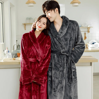 Couple Flannel Robe Winter Thick Warm Bathrobe Long Fleece Sleepwear Loungewear for Men and Women