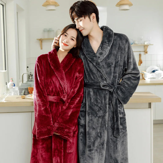 Couple Flannel Robe Winter Thick Warm Bathrobe Long Fleece Sleepwear Loungewear for Men and Women