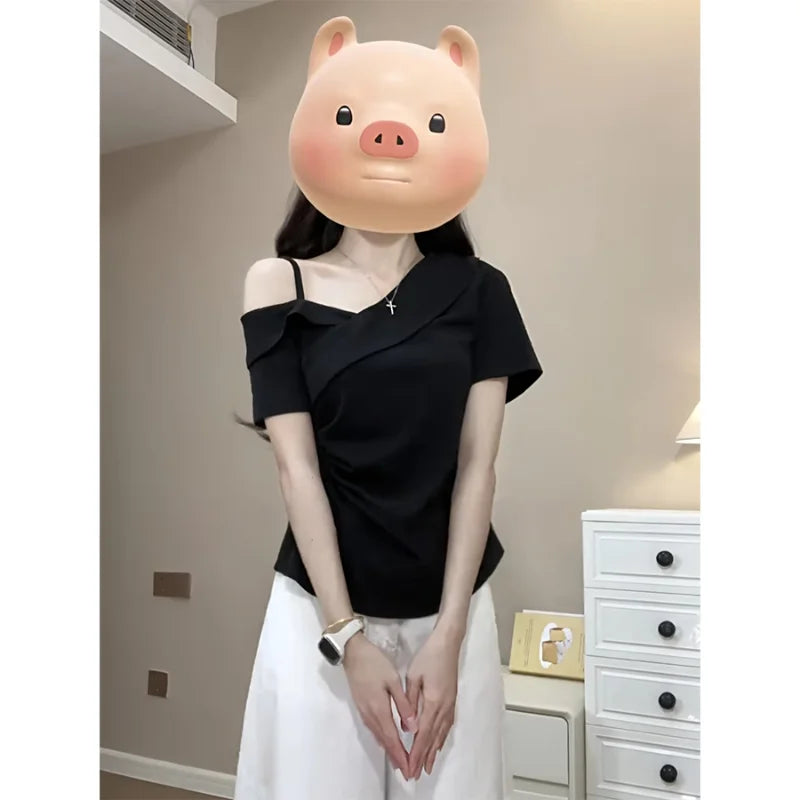 plus Size Slim Fit Short Sleeve Cross Neck Shoulder Bared T-Shirt Casual Style Versatile Summer New Arrival Women's Top