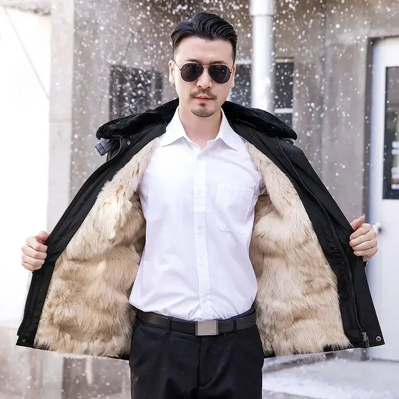 100% Wool Winter Men Fur Coat Fur One Liner Warm Thickened Sheepskin Cotton Coat Long Hair Coat Fur Collar Hooded