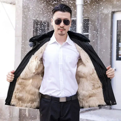 100% Wool Winter Men Fur Coat Fur One Liner Warm Thickened Sheepskin Cotton Coat Long Hair Coat Fur Collar Hooded