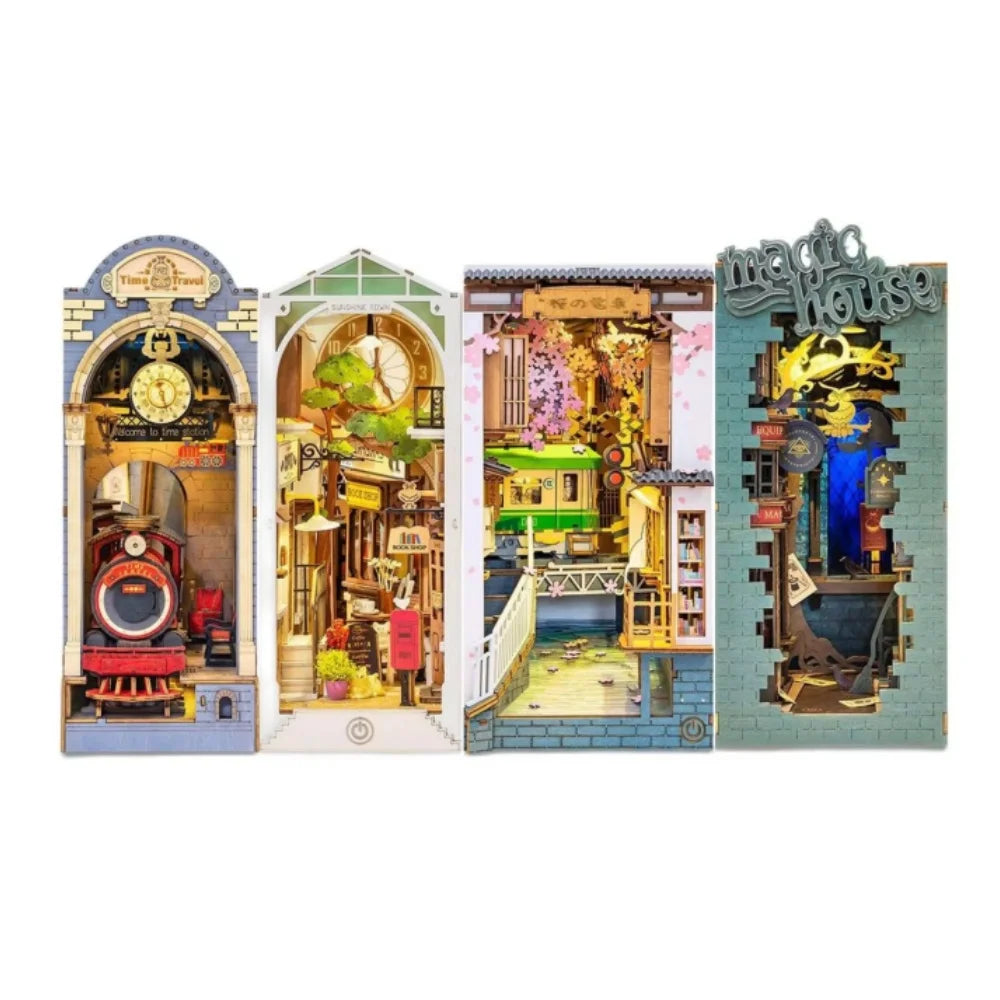 Robotime Rolife Book Nook DIY Dollhouse Furniture 4 Kinds Booknook Bookends Model Kit with LED Light for Bookshelf Insert Decor