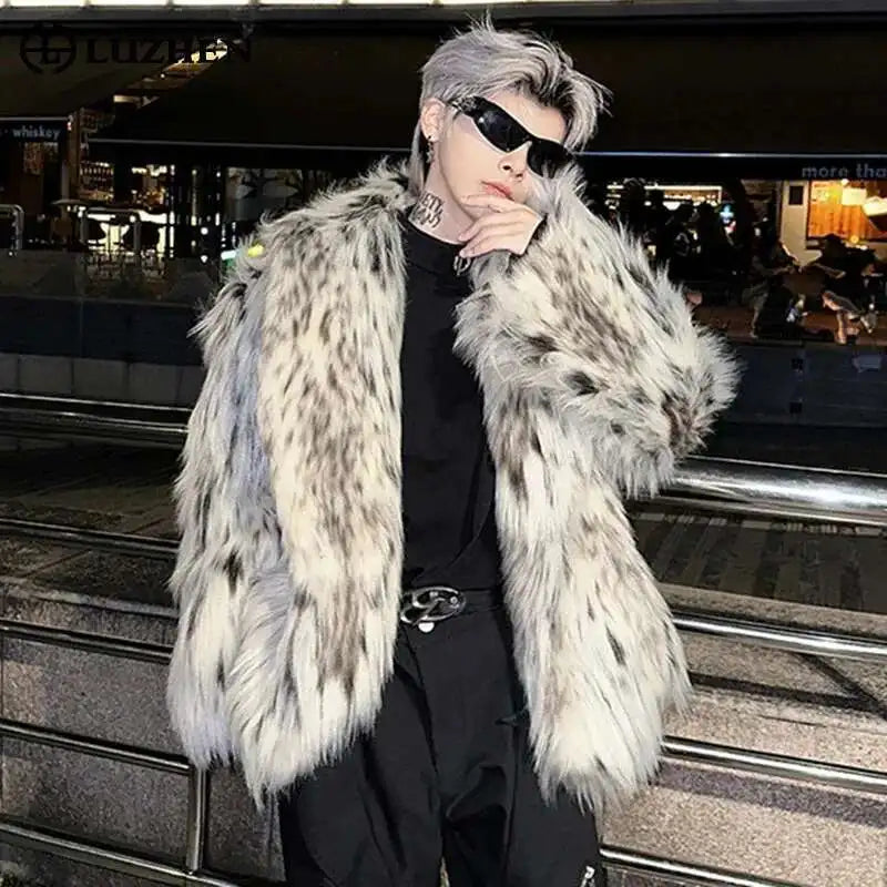 LUZHEN Popular High End Trendy Faux Fur Overcoat Leopard Personalized Elegant Casual Windproof Winter Men's Tops New Coat LZ7984