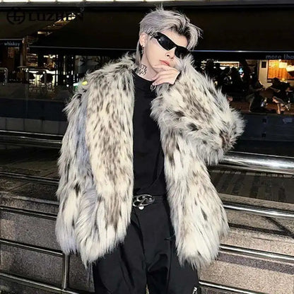 LUZHEN Popular High End Trendy Faux Fur Overcoat Leopard Personalized Elegant Casual Windproof Winter Men's Tops New Coat LZ7984
