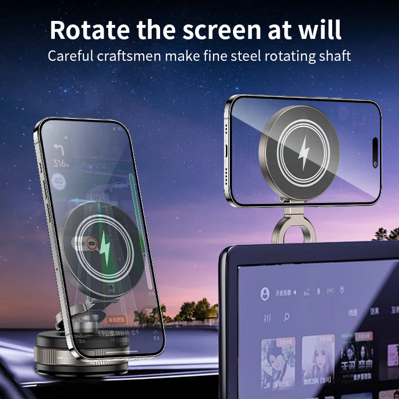 Folding 15W wireless charging car phone holder vacuum suction 360 ° rotating magnetic support bracket